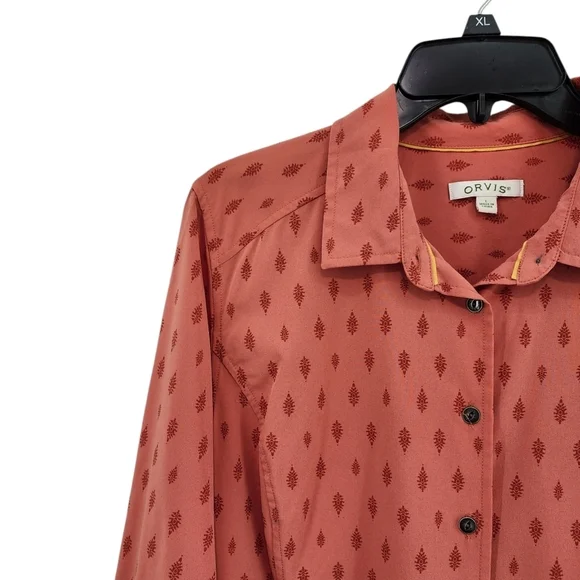 Orvis Women's Poly Stretch Printed Button Front Shirt Orange- L - Picture 2 of 8